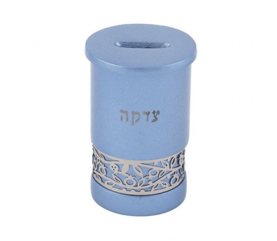 Blue Cylinder Charity Tzedakah Box, Cutout Pomegranates - Yair Emanuel