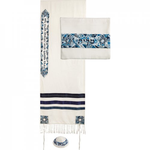 Blue Embroidered Mosaic and Stars of David Prayer Shawl Set - Yair Emanuel