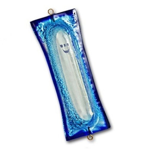Blue Fused Glass Mezuzah Case, Sea Waves with Bubbles - Itay Mager