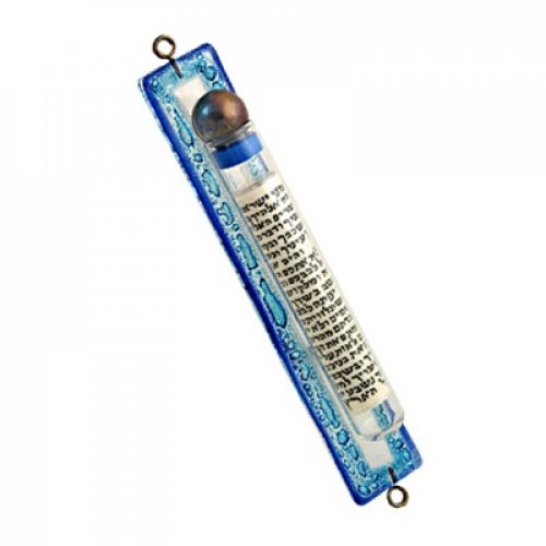 Blue Fused Glass Mezuzah Case with Scroll Decoration - Itay Mager