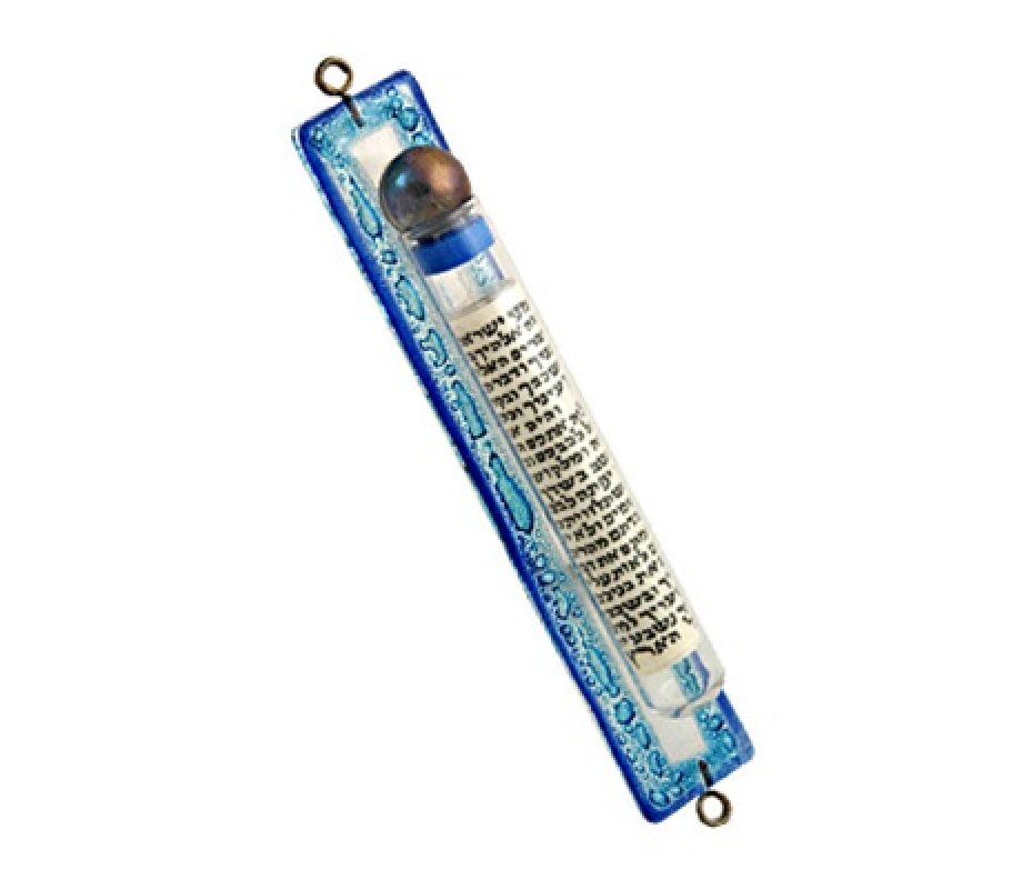 Blue Fused Glass Mezuzah Case with Scroll Decoration - Itay Mager