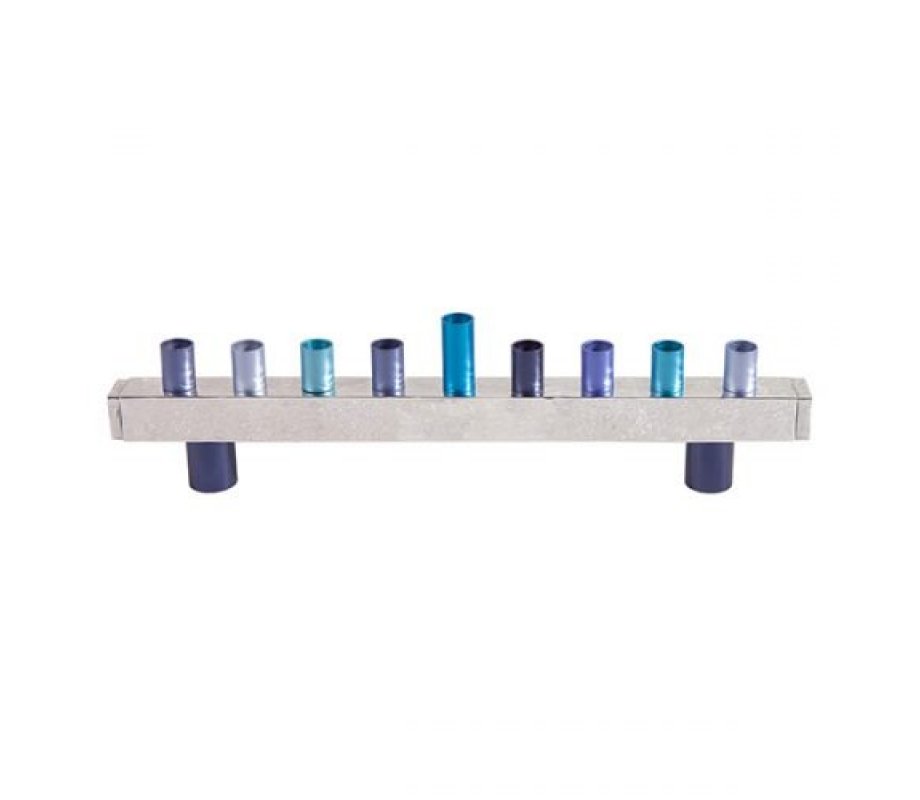 Blue Hammered Aluminum Hanukkah Menorah with Tube Design - Yair Emanuel