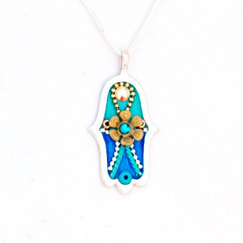 Blue Hamsa necklace with Flower by Ester Shahaf