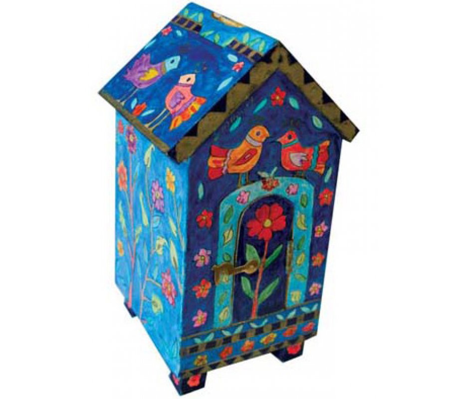Blue House-Shaped Wood Tzedakah Charity Box - Birds & Flowers by Yair Emanuel