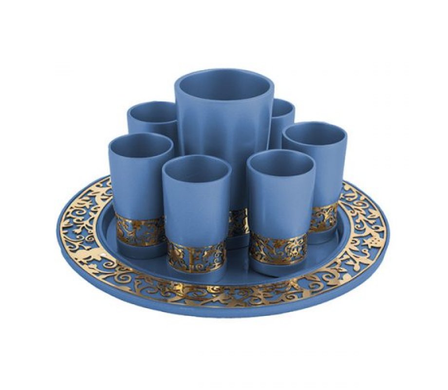 Blue Kiddush Cup Small Cups and Tray, Gold Cutout Pomegranates - Yair Emanuel