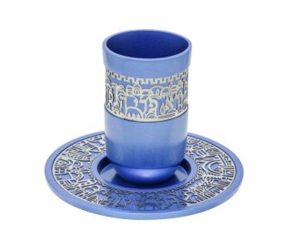 Blue Kiddush Cup and Plate, Jerusalem Images with Blessing Words - Yair Emanuel