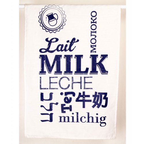 Blue Linen Dish Towel with “Milk” in various languages - Barbara Shaw