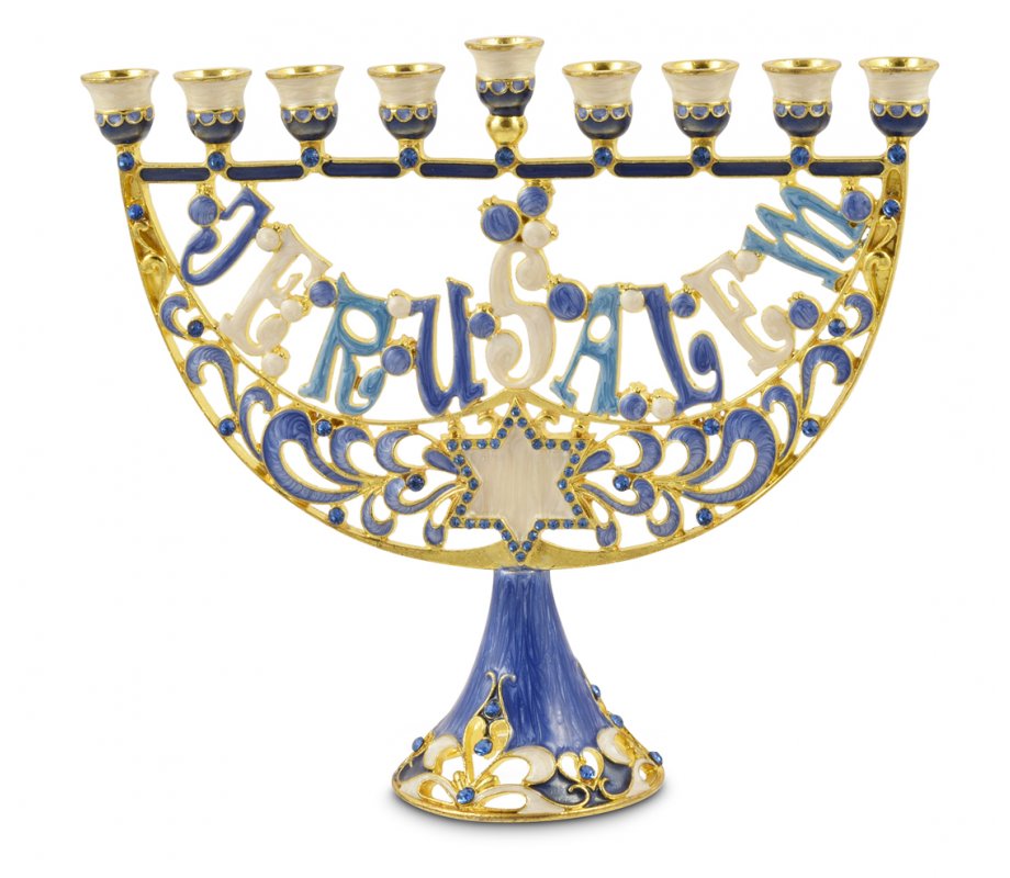 Blue Menorah with Star of David and Jerusalem in English, Enamel - For Decoration