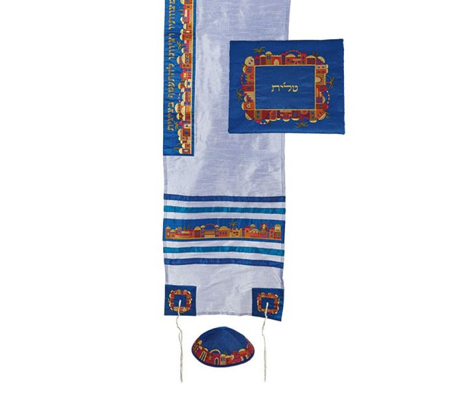 Blue Polysilk Tallit Set Colorful Embroidered Jerusalem Design - Yair Emanuel