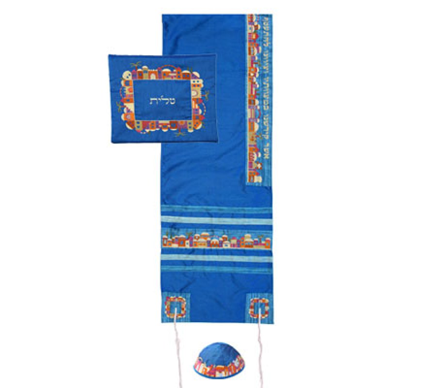 Blue Polysilk Tallit Set Colorful Embroidered Jerusalem Design - Yair Emanuel