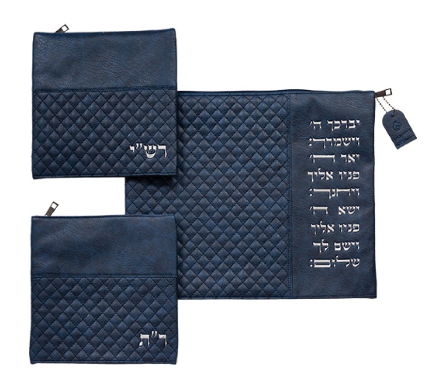 Blue Tallit Bag with Cohen's Blessing and Two Bags for Rashi & Rabbeinu Tam Tefillin
