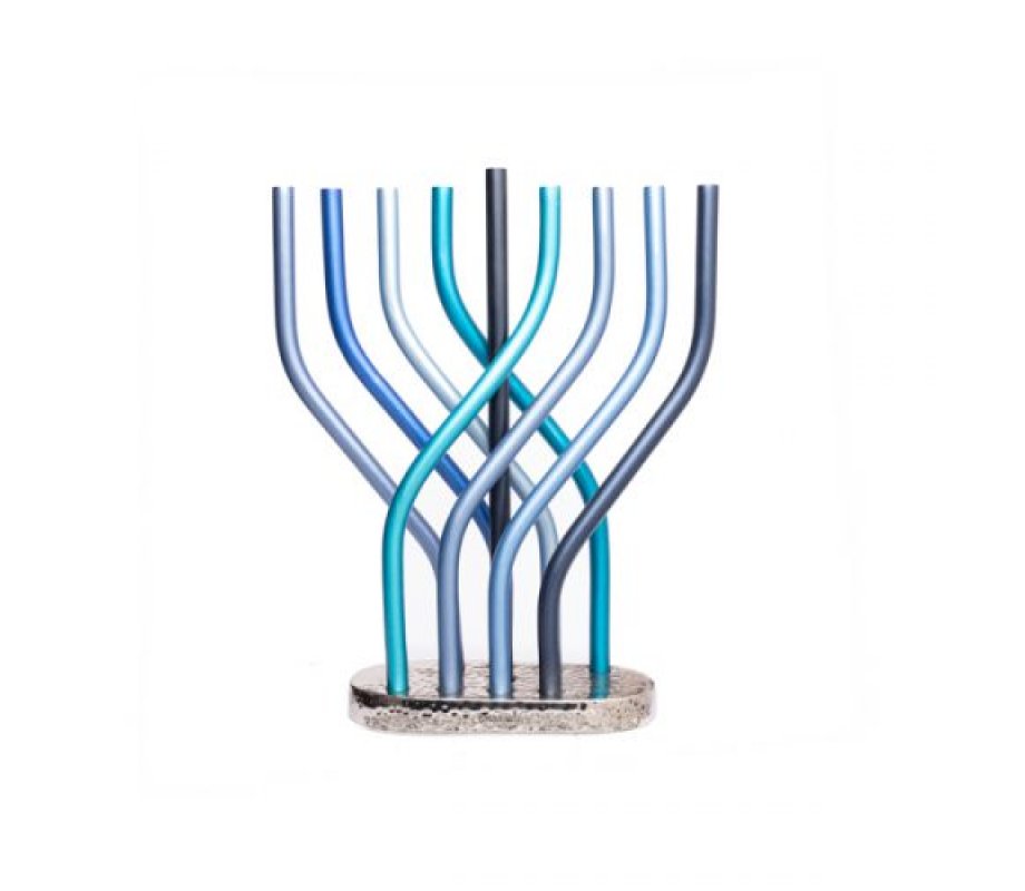 Blue Tubes Aluminum Hanukkah Menorah with Flame Design - Yair Emanuel