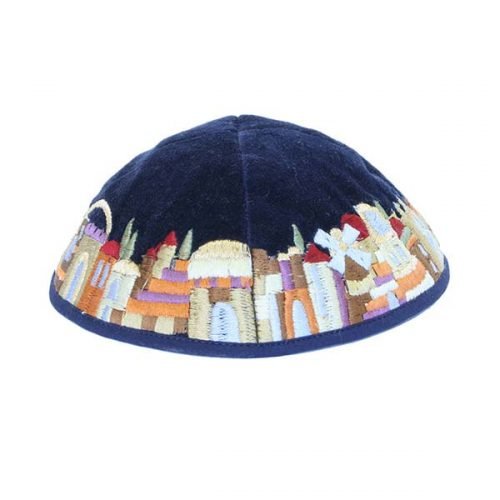 Blue Velvet Kippah with Embroidered Jerusalem Images, Colorful - Yair Emanuel