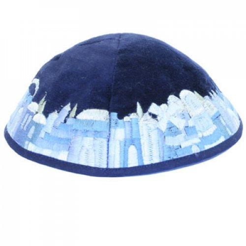 Blue Velvet Kippah with Embroidered Jerusalem Images, Shades of Blue - Yair Emanuel