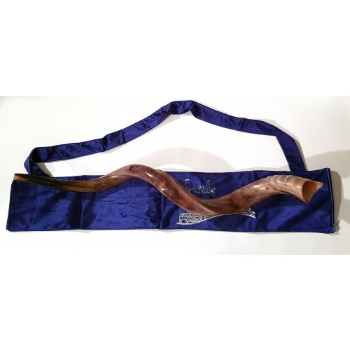 Blue Velvet Yemenite Shofar Pouch - Embroidered Silver Jerusalem Image