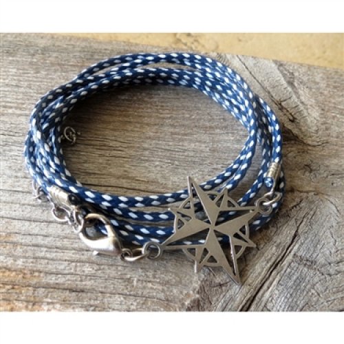 Blue and White Rope Triple Wrap Men's Bracelet with Oxidized Silver-Plated Compass Element by Gal Cohen