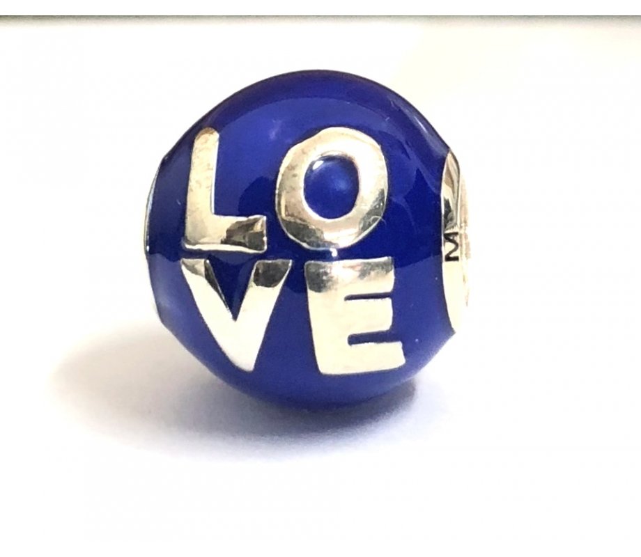Bracelet Charm with Word Love in English - Sterling Silver and Blue Enamel