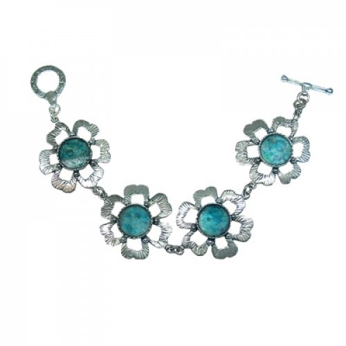 Bracelet of Hammered Sterling Silver Petalled Flowers with Roman Glass Center
