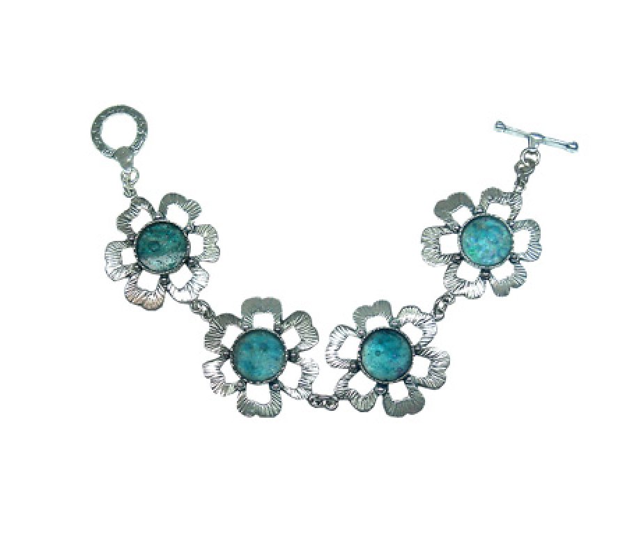 Bracelet of Hammered Sterling Silver Petalled Flowers with Roman Glass Center