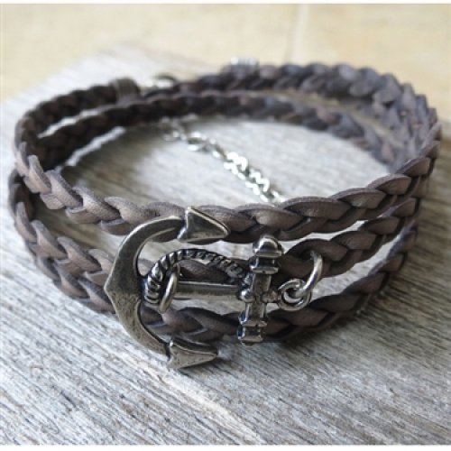 Braided Grey Leather Triple-Wrap Men's Bracelet with Oxidized Silver-Plated Anchor Element by Gal Cohen