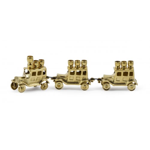 Brass Chanukah Menorah, Vintage Car Design with Candles on the Roof - 10 Inches