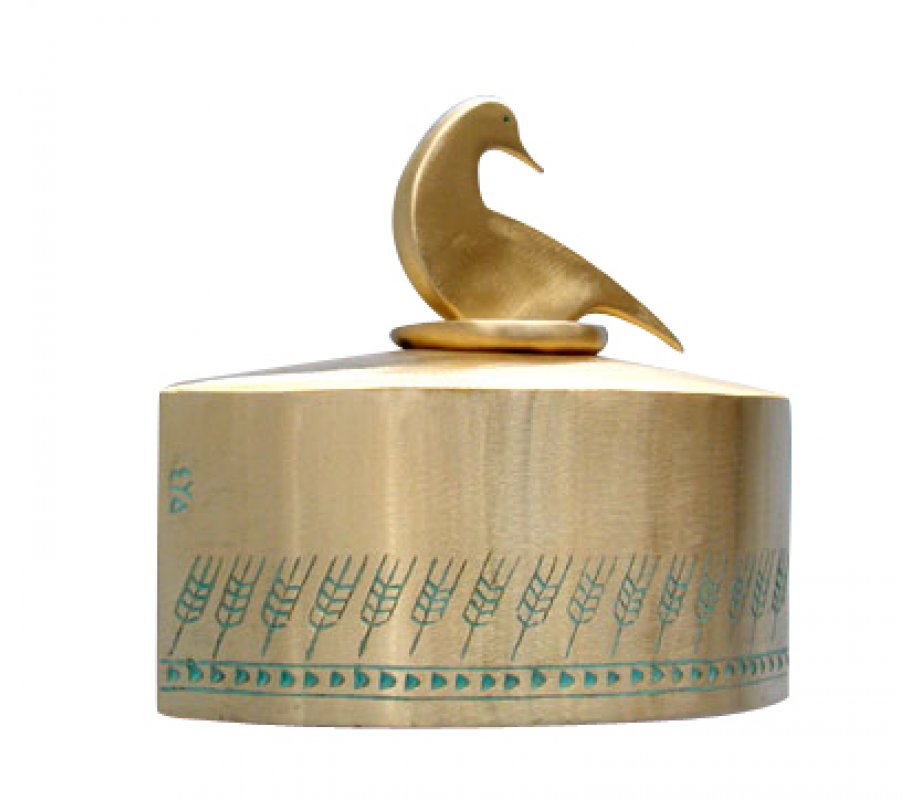 Brass Patina Charity Box Wheat Design Gold Duck - by Shraga Landesman