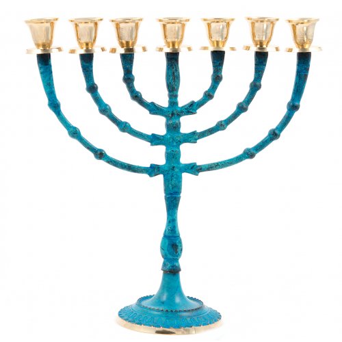 Brass Seven Branch Menorah Overlaid with Gold and Deep Blue Patina - 12