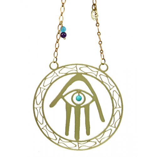 Brass Wall Hanging Hamsa Hand Blue Eye - Fish by Shraga Landesman