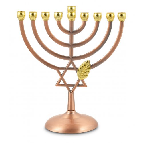 Bronze Color Hanukkah Menorah with Leaf and Star of David - 7 Inches