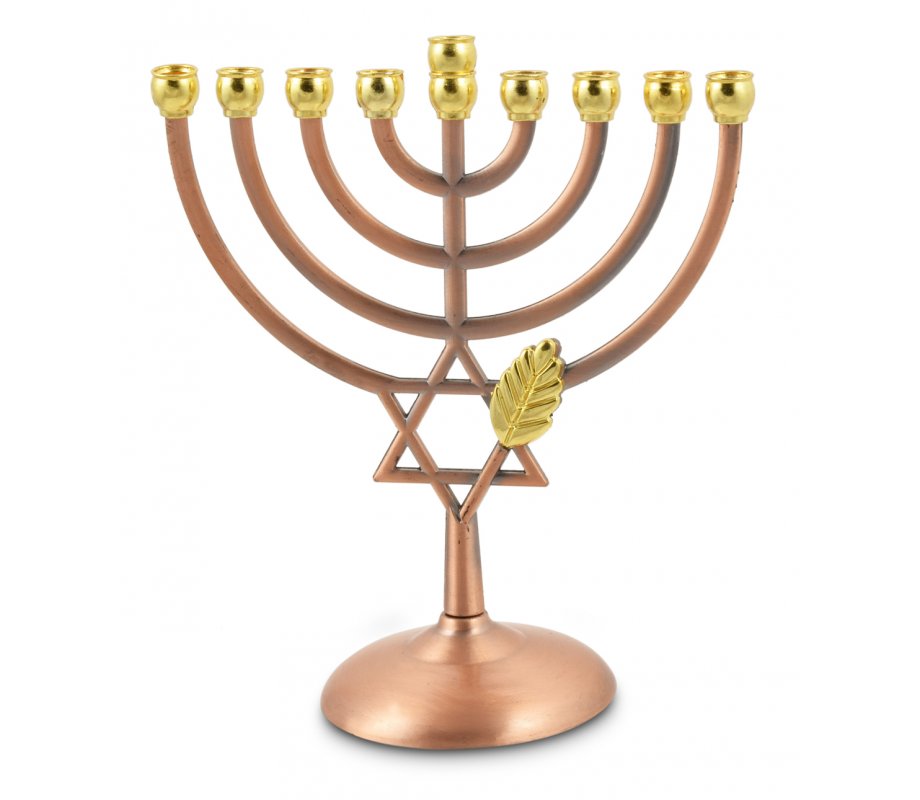 Bronze Color Hanukkah Menorah with Leaf and Star of David - 7 Inches
