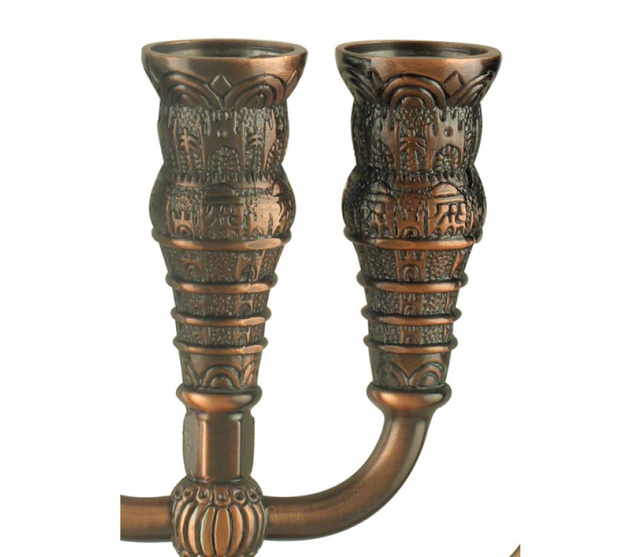 Bronze Seven Branch Menorah, Jerusalem Images - Choice: 5.3” or 8.6” Height