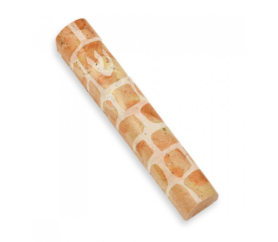 Brown and White Jerusalem Stone Mezuzah Case with Western Wall Image - 4.3