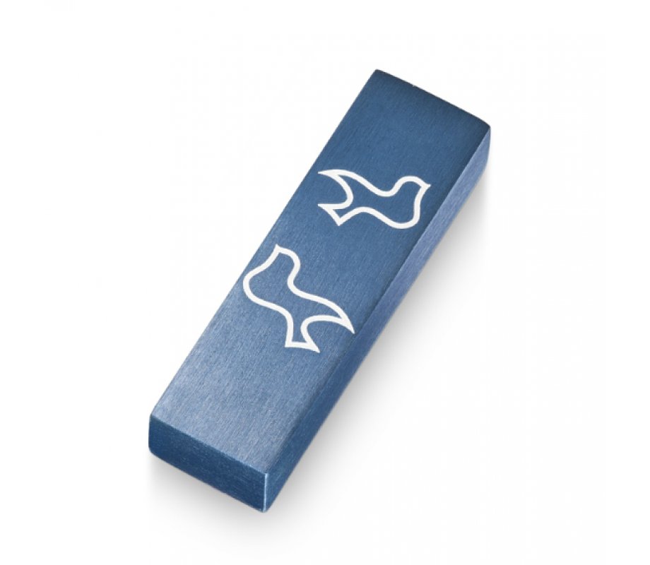 Brushed Aluminum Car Mezuzah Peace Doves, Blue - Adi Sidler