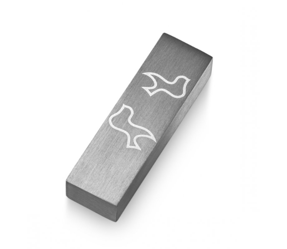 Brushed Aluminum Car Mezuzah Peace Doves, Gray - Adi Sidler