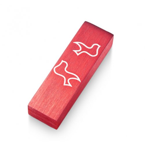 Brushed Aluminum Car Mezuzah Peace Doves, Red  Adi Sidler