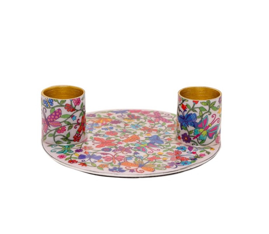 Butterfly Design Small Metal Candle Holders on Attached Tray - Yair Emanuel