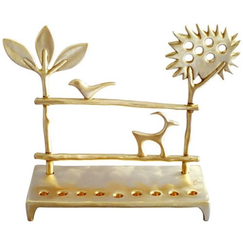 Cast Brass Hanukkah Menorah Trees and Deer by Shraga Landesman