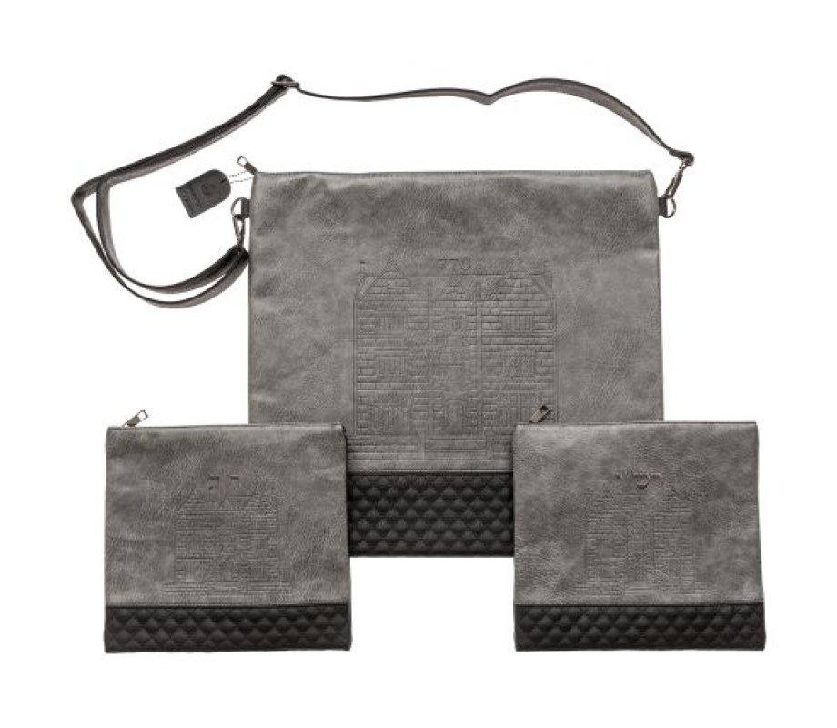Chabad Tallit and Two Tefillin Bags, Faux Leather with Embossed 770 – Two Shaded Gray