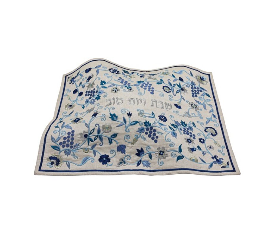 Challah Cover, Embroidered Blue Grapevine and Flower Design - Yair Emanuel