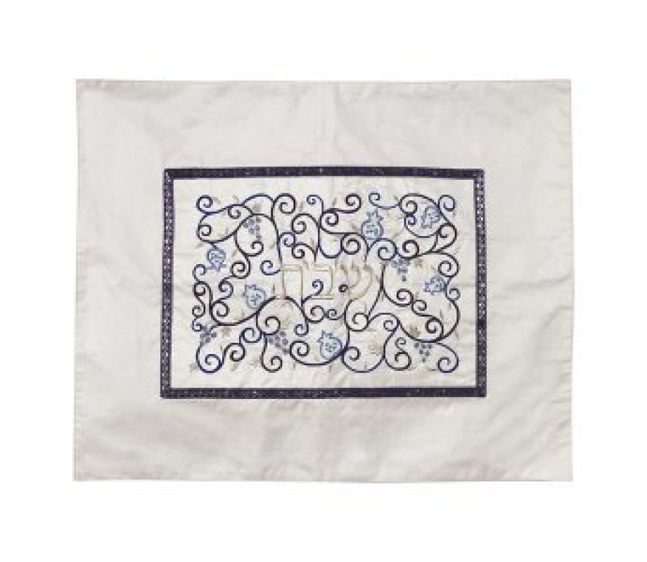 Challah Cover Embroidered with Swirling Pomegranates, Blue - Yair Emanuel