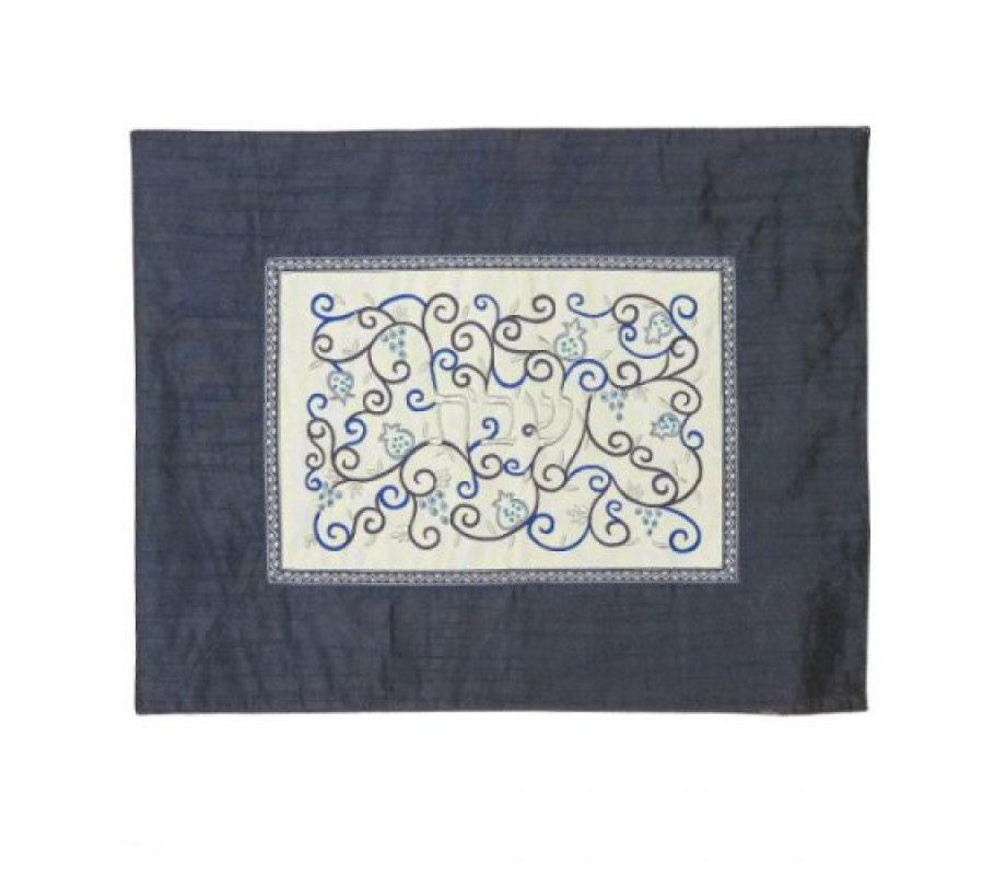 Challah Cover with Embroidered Swirling Pomegranates, Blue on Blue - Yair Emanuel