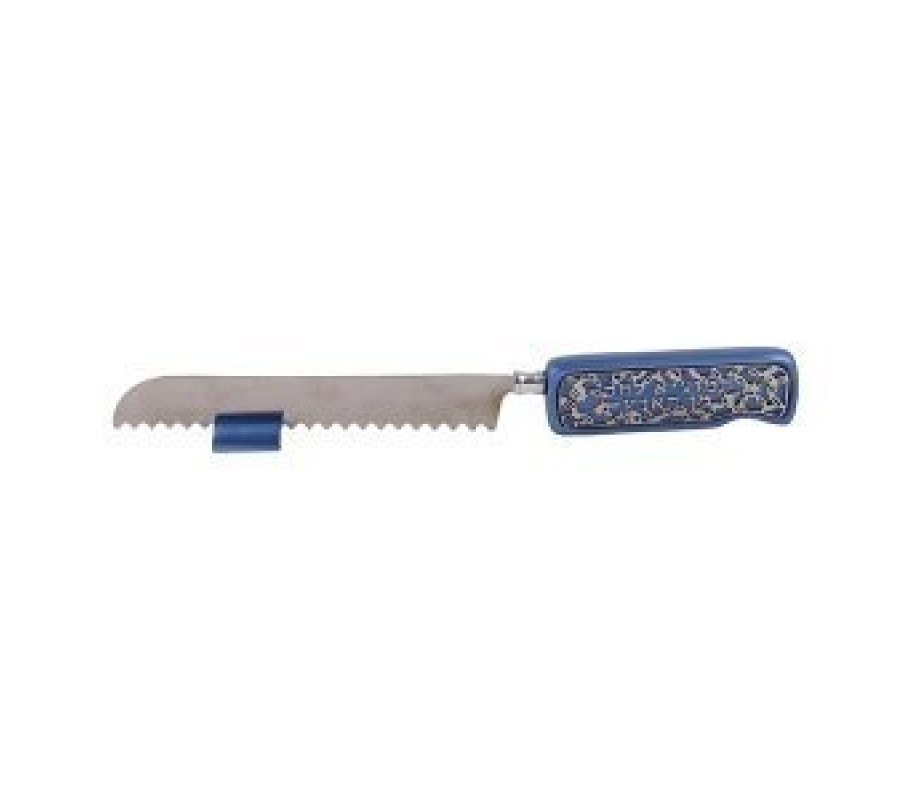 Challah Knife and Stand with Decorative Handle, Cutout in Blue - Yair Emanuel