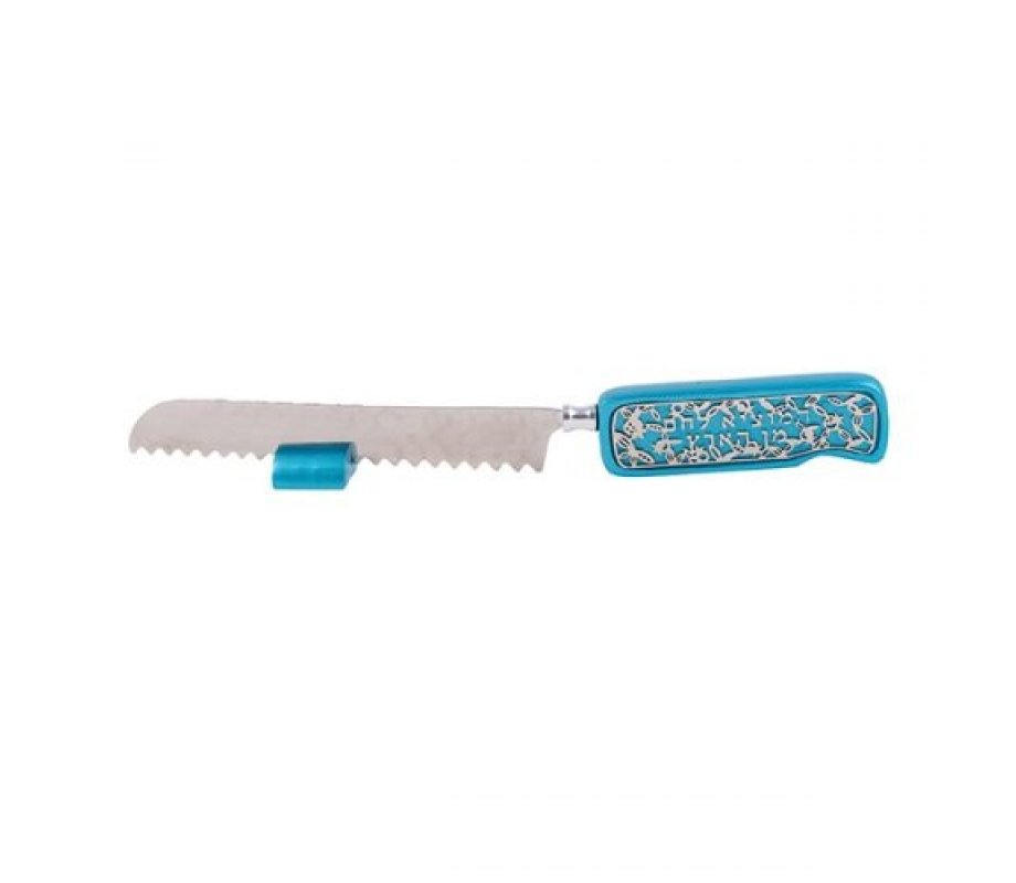Challah Knife and Stand with a Decorative Handle, Cutout on Turquoise - Yair Emanuel