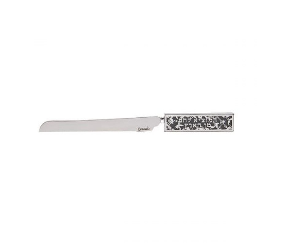 Challah Knife with Cutout Pomegranates and Hebrew Blessing Words, Green - Yair Emanuel