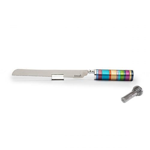Challah Knife with Mini Salt Shaker and Stand, Colorful Bands Handle – Yair Emanuel
