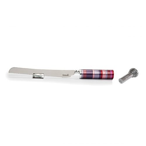 Challah Knife with Mini Salt Shaker and Stand, Maroon Bands on Handle - Yair Emanuel