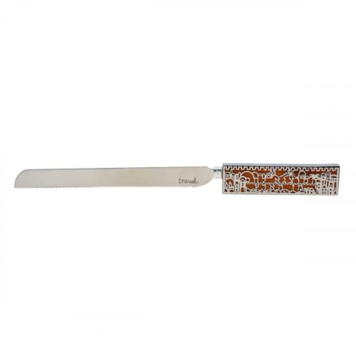 Challah Knife with Wood Handle, Jerusalem Images and Blessing Words - Yair Emanuel