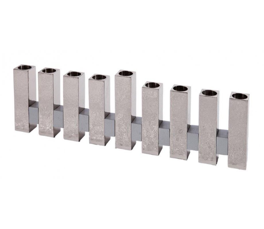 Chanukah Menorah Standing Pillar Design, Hammered Silver - Yair Emanuel