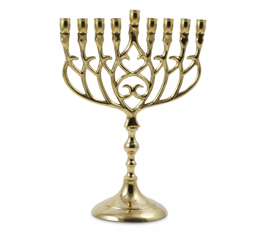 Chanukah Menorah in Brass with Swirling Design, for Candles - 9 Inches