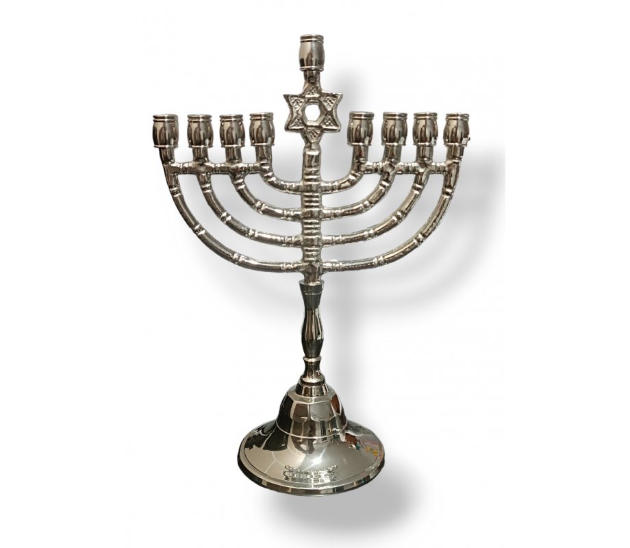 Chanukah Menorah of Nickel, Grained Star of David on Stem - 8 Inches High